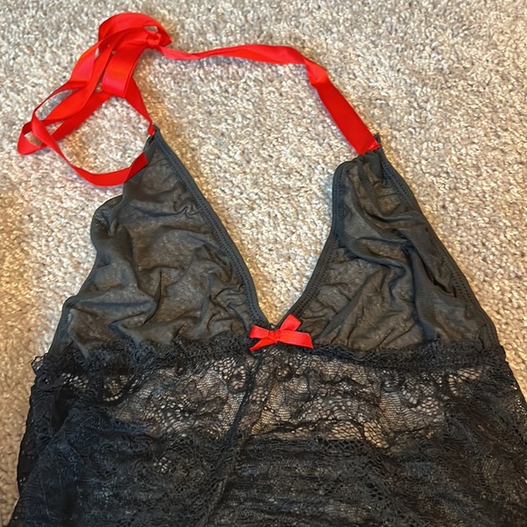 In Box Red and Black Plunge Lace Mesh Teddy Bodysuit Lingerie Sexy Halter Top - Picture 7 of 7